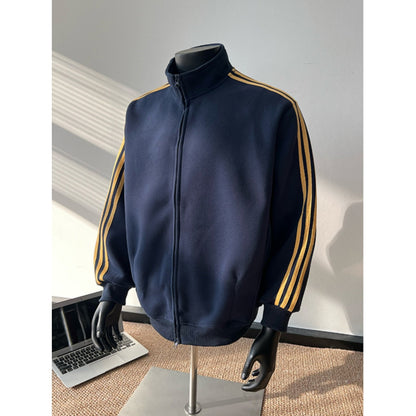 Men's Striped Long Sleeve Zip-up Stand Collar Jacket