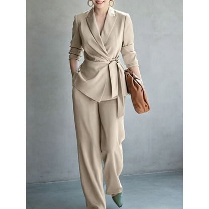 Fashionable Elegant Women's Casual Solid Color Suit Set with Belted Top and Pants