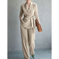 Fashionable Elegant Women's Casual Solid Color Suit Set with Belted Top and Pants