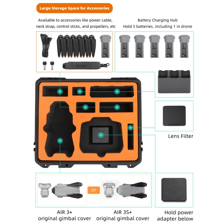 For DJI Air 3S / 3 Sunnylife Safety Carrying Case Large Capacity Waterproof Shock-proof Hard Travel Case (Black)