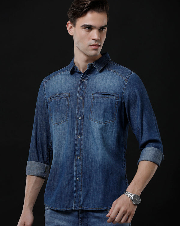 Men's Slim Fit Solid Denim Casual Shirt (DRIVE)
