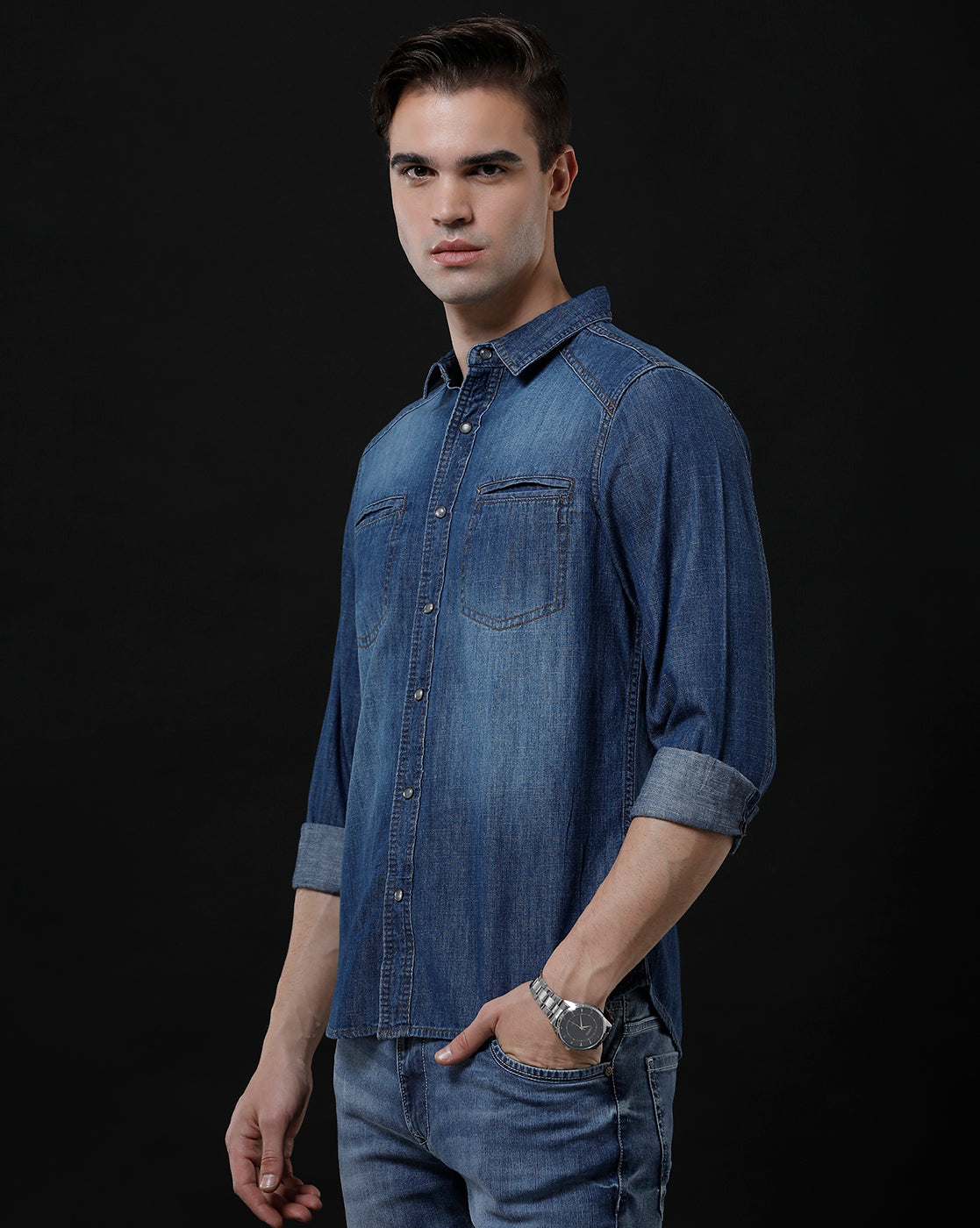 Men's Slim Fit Solid Denim Casual Shirt (DRIVE)