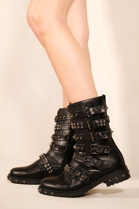 LILI STUDDED ANKLE BOOT WITH SILVER STUDDED BUCKLE AND SIDE ZIP-UP IN BLACK FAUX LEATHER