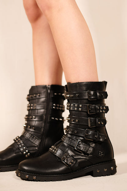 LILI STUDDED ANKLE BOOT WITH SILVER STUDDED BUCKLE AND SIDE ZIP-UP IN BLACK FAUX LEATHER