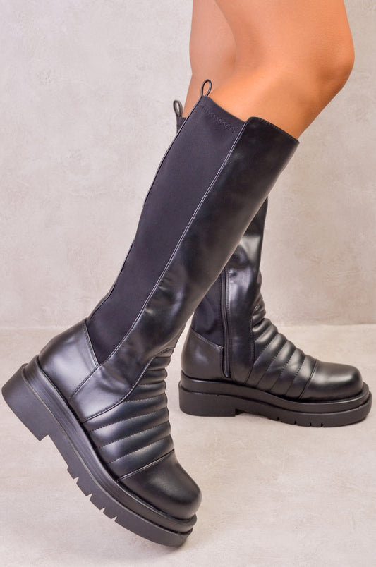 LUCAH STRETCH CALF BOOTS WITH QUILTED DETAILING IN BLACK FAUX LEATHER