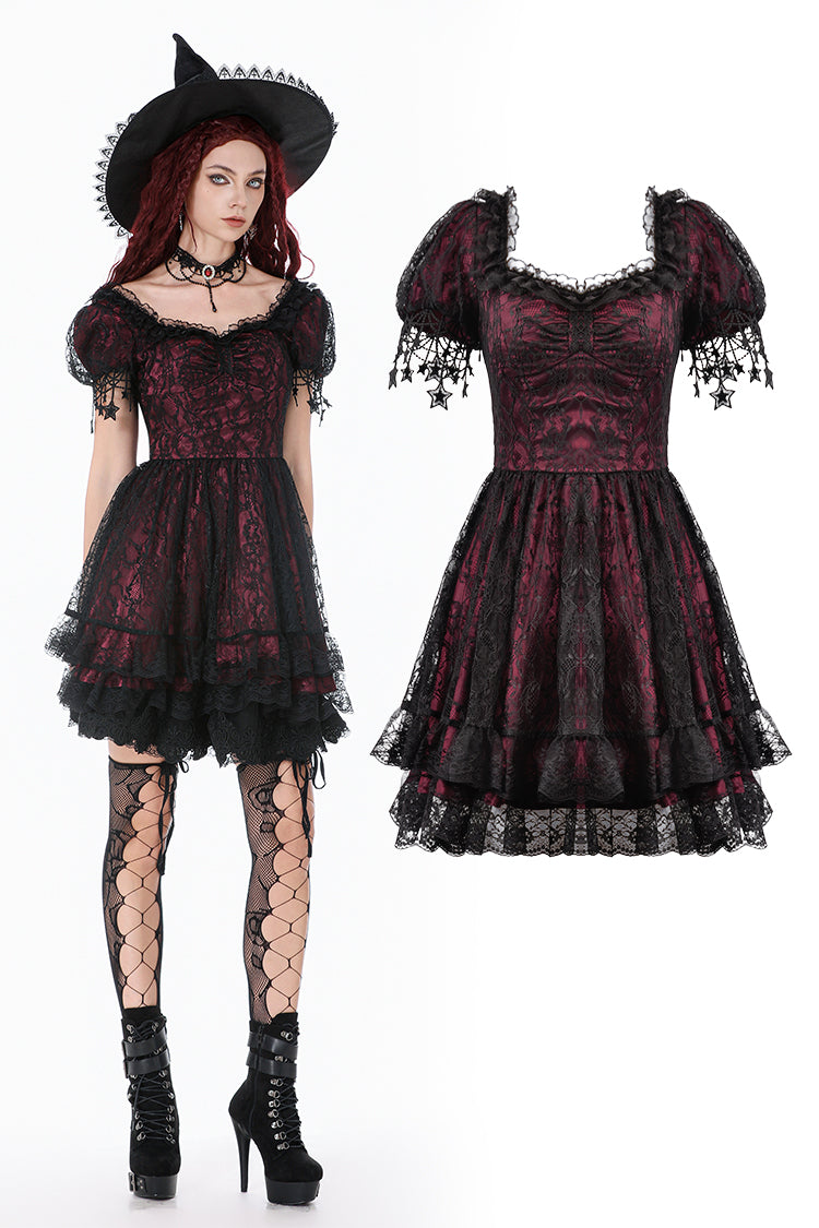 Dark in Love Red Black Lace Princess Dress with Stars Lace