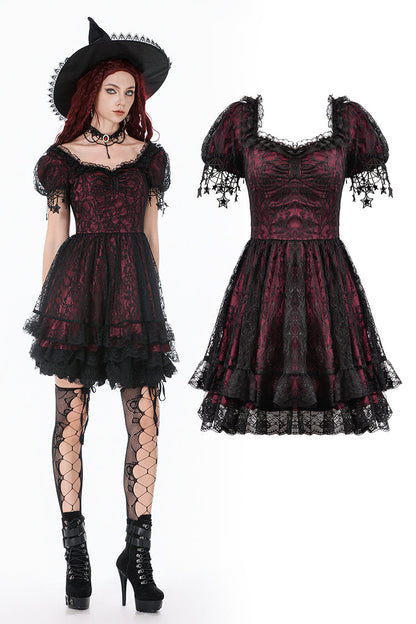 Dark in Love Red Black Lace Princess Dress with Stars Lace