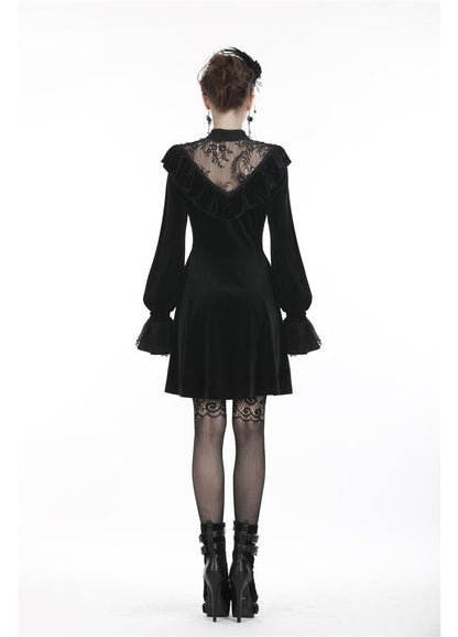 Dark In Love Avina Black Velvet Dress - Gothic Lace Neckline Long Sleeve Dress