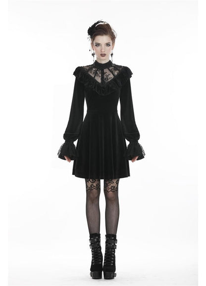 Dark In Love Avina Black Velvet Dress - Gothic Lace Neckline Long Sleeve Dress