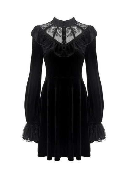 Dark In Love Avina Black Velvet Dress - Gothic Lace Neckline Long Sleeve Dress