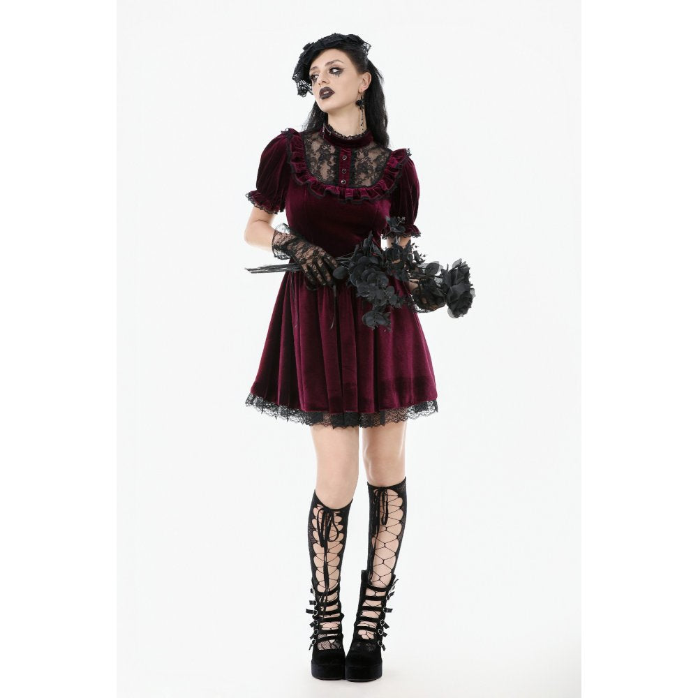 Robe Gothique en Velours Bordeaux à Col en Dentelle Ophelia Dark in Love
