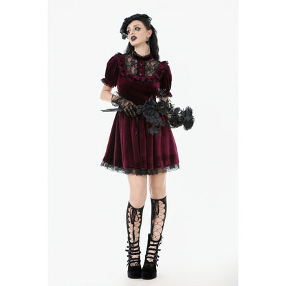Robe Gothique en Velours Bordeaux à Col en Dentelle Ophelia Dark in Love