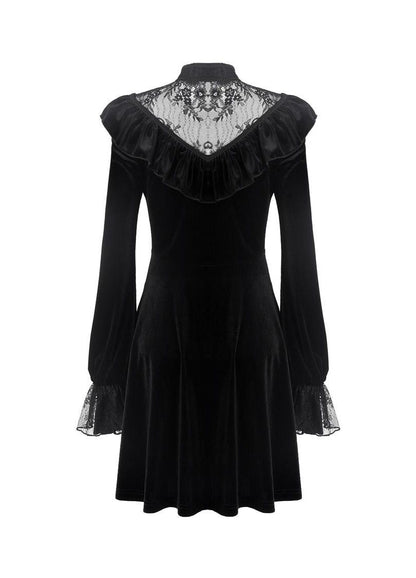 Dark In Love Avina Black Velvet Dress - Gothic Lace Neckline Long Sleeve Dress