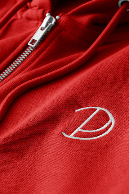 Women's Red Zip-Up Hoodie - Embroidered Organic Cotton Hoodie