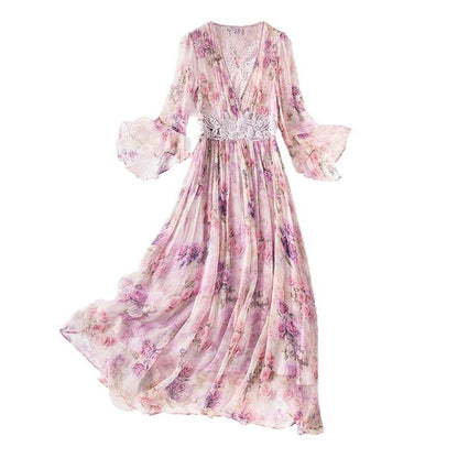 Sweet Style Floral Silk Dress Women's Fitted Slimming Ruffle Sleeve Dress