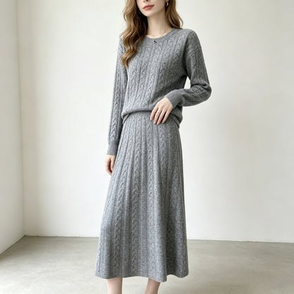 Round neck pullover sweater skirt set for women