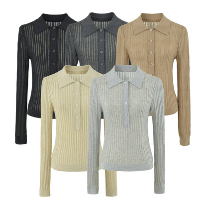 Women's Ribbed Polo-Collar Knit Top