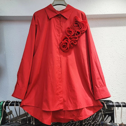 Fashion Women's Three-dimensional Flower T-shirts Loose Casual Long Sleeved Solid Color Tops Female  Autumn