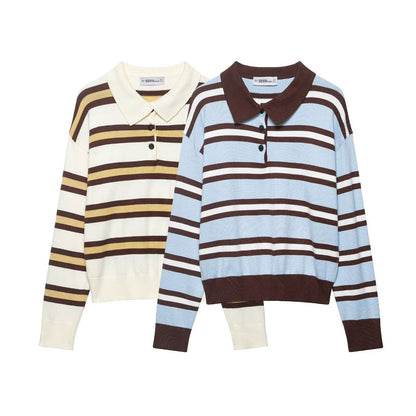 Loose contrasting striped polo shirt collar pullover knit sweater