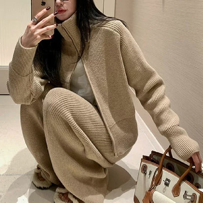 Solid color stand up collar sweater wide leg pants two-piece set for women