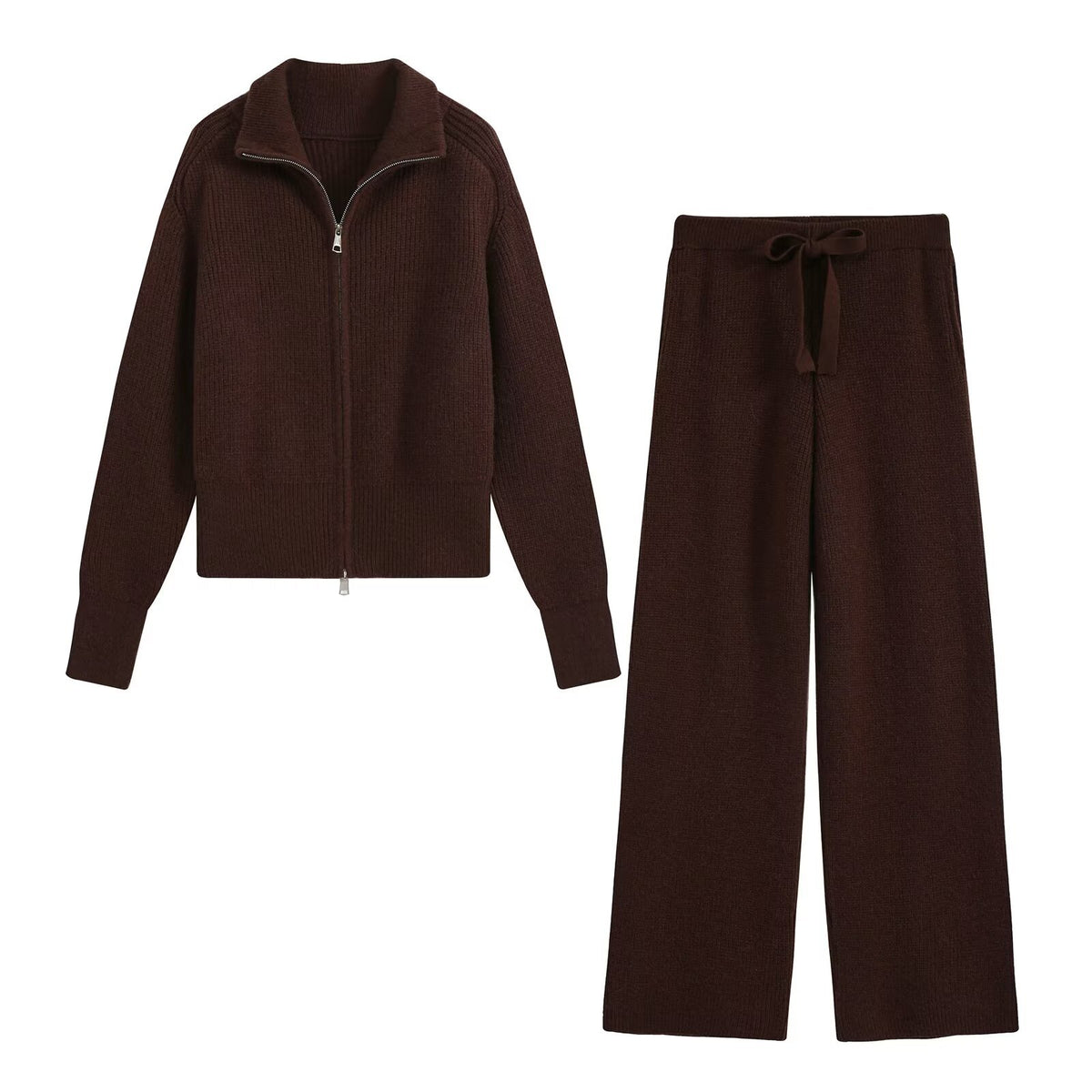 Zipper large collar knitted sweater+pants set for women
