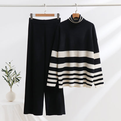 knitted sweater, high waist loose wide leg pants set,