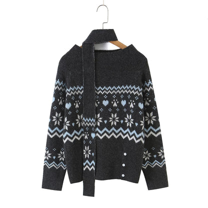 Vintage Casual Fair Isle Jacquard Long Sleeve Off Shoulder Knit Sweater