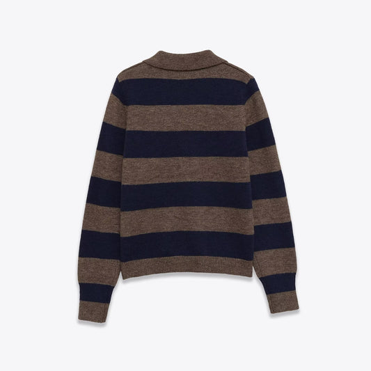 Women's long sleeved polo collar striped knitted sweater