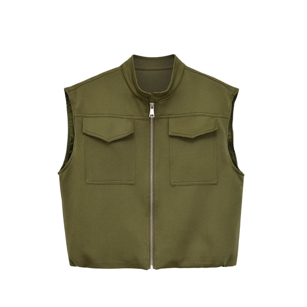 Flip zipper stand up collar loose vest