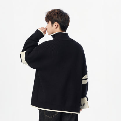 Minimalist Double Stripe Relaxed Fit Zipper Knit Cardigan