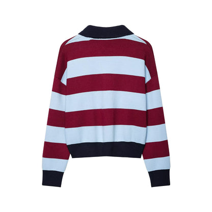 Versatile casual minimalist polo collar long sleeved striped knit sweater for women