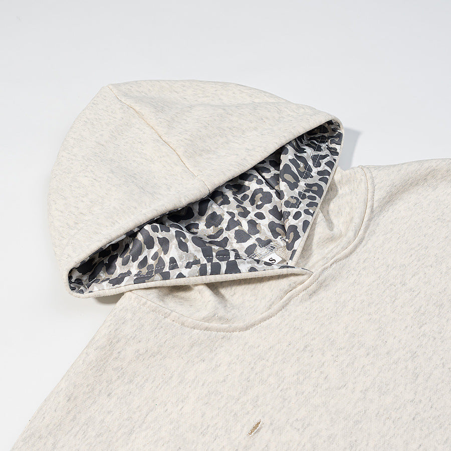Casual versatile leopard print patchwork ripped hooded sweatshirt