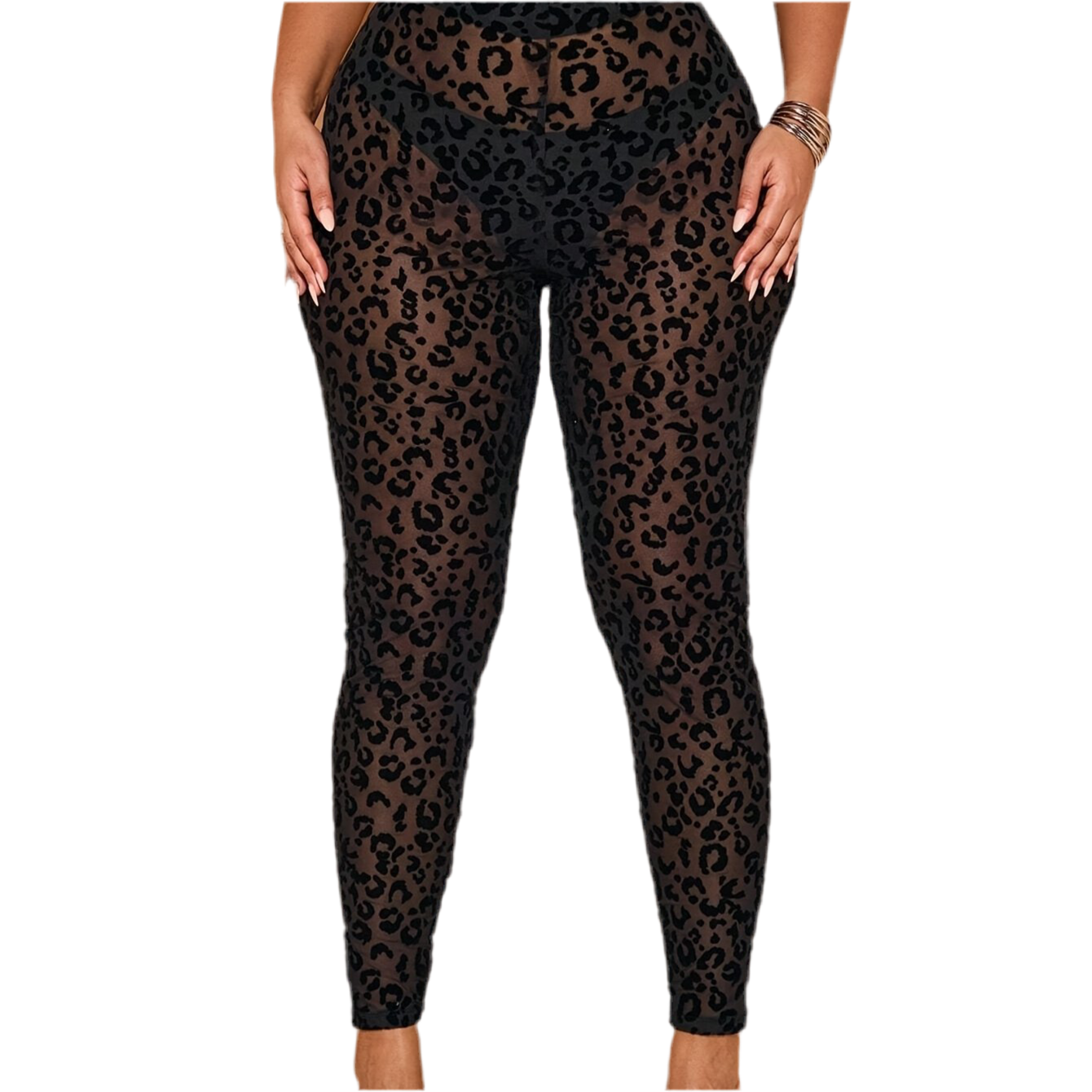 Plus Size Women's Black Leopard Print Sheer High-Waisted Leggings