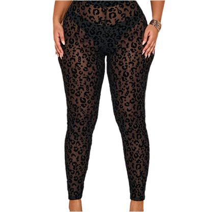 Plus Size Women's Black Leopard Print Sheer High-Waisted Leggings