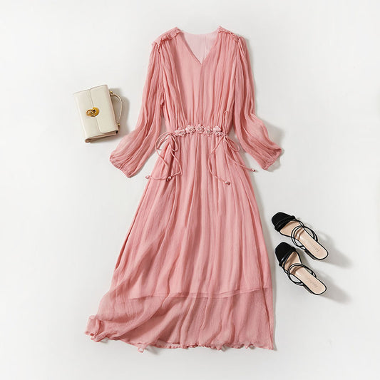 Elegant V-Neck OL Style Silk Long Dress, Solid Color Minimalist Pure Silk Dress, Long Sleeve