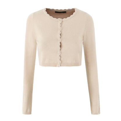 Round neck wavy lace long sleeved cardigan casual knit sweater