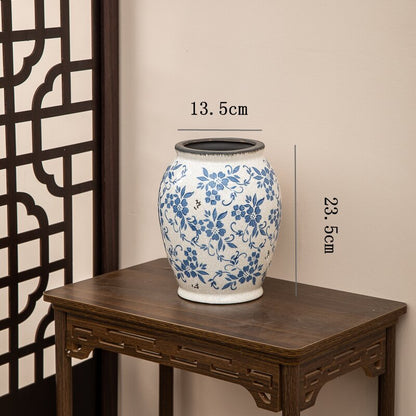 Nouveau vase en céramique de style chinois, bleu et blanc, ornement vintage craquelé pour salon