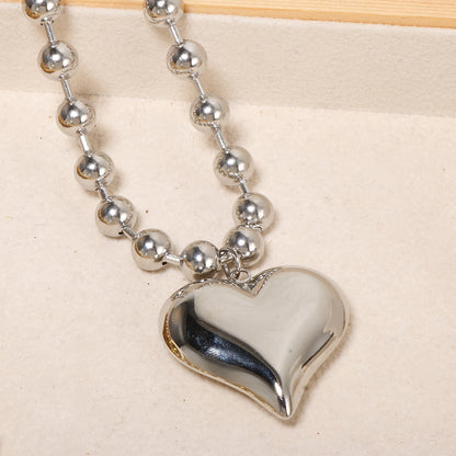 Exaggerated bead chain 18K gold heart pendant necklace