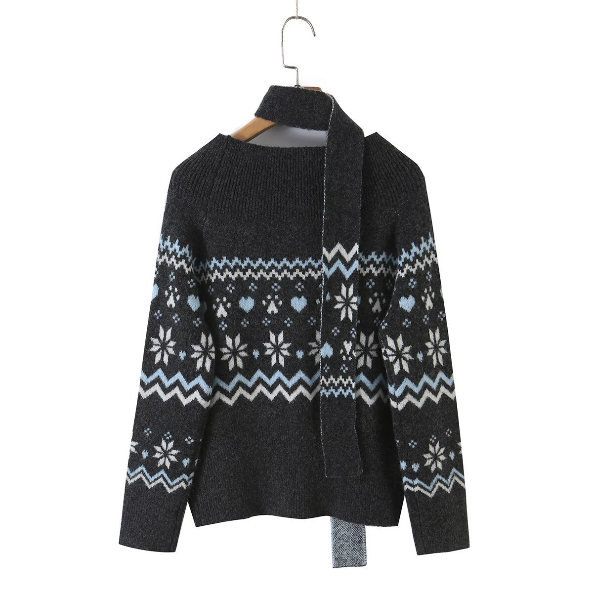Vintage Casual Fair Isle Jacquard Long Sleeve Off Shoulder Knit Sweater