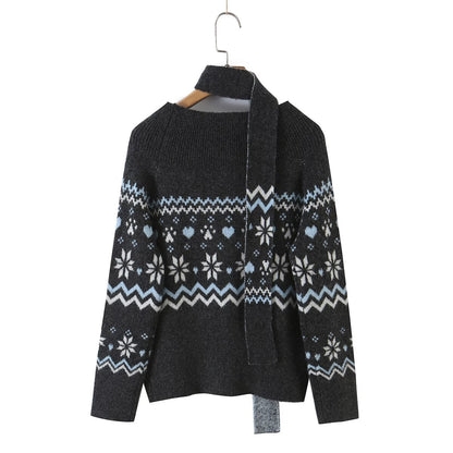 Vintage Casual Fair Isle Jacquard Long Sleeve Off Shoulder Knit Sweater