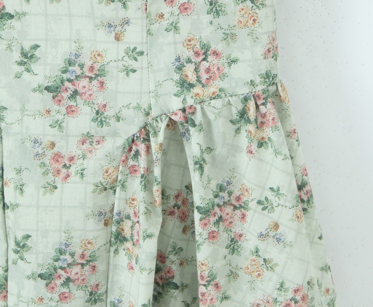 Green Floral Print Pleated Strapless Dress