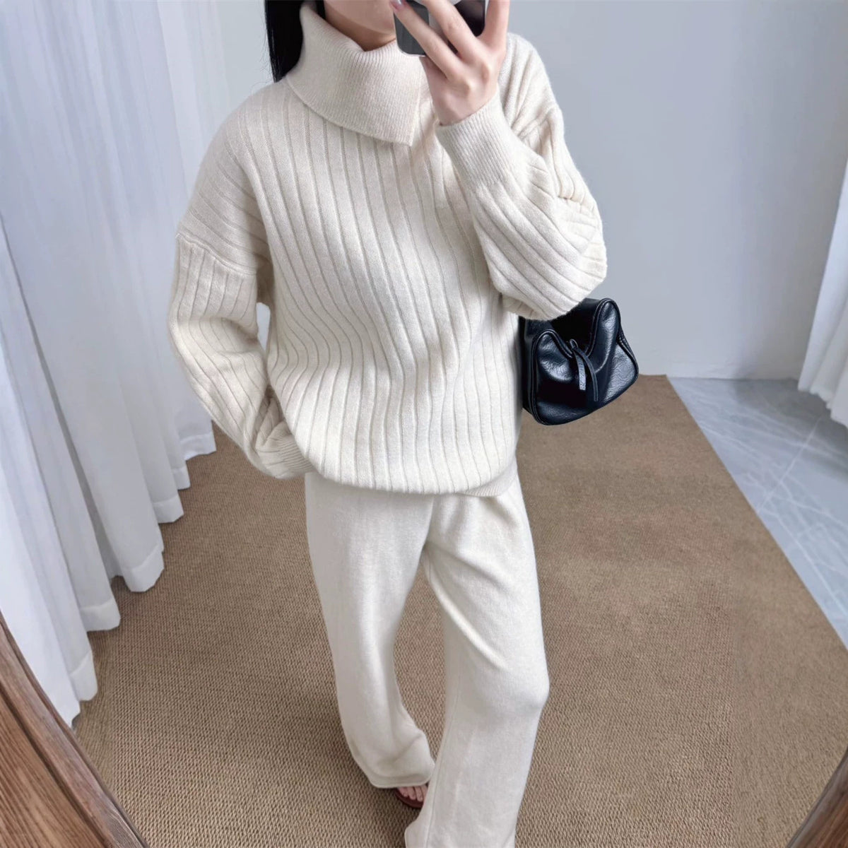 Collar sweater solid color straight leg pants two-piece set