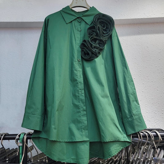 Mode Femmes T-shirts à Fleurs en Relief Décontractés Amples Manches Longues Couleur Unie Hauts Féminins Automne