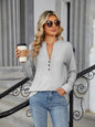 Striped Notched Long Sleeve T-Shirt