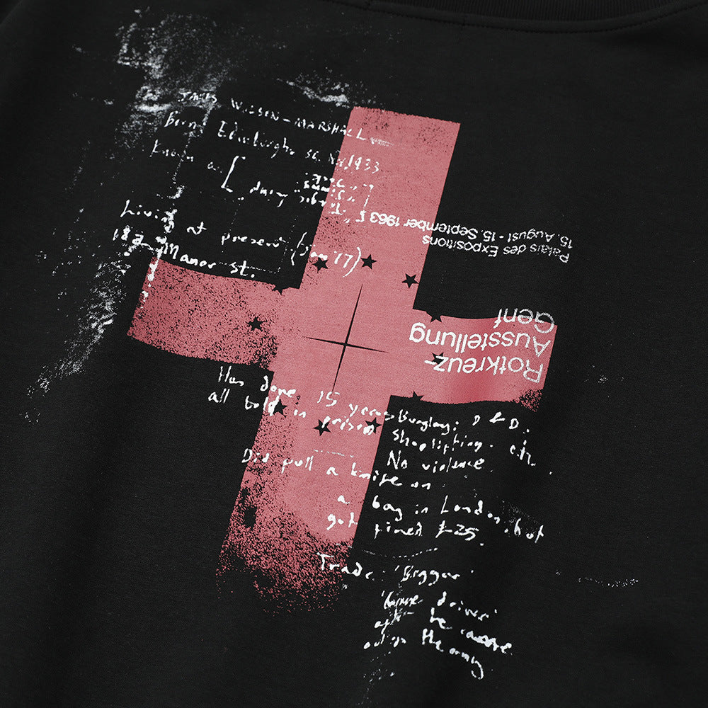 Sweat à capuche col rond à imprimé croix, manches longues, ample, streetwear décontracté