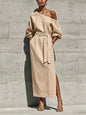 Fashionable Elegant Loose Linen Off-Shoulder Side Slit Dress with Belt