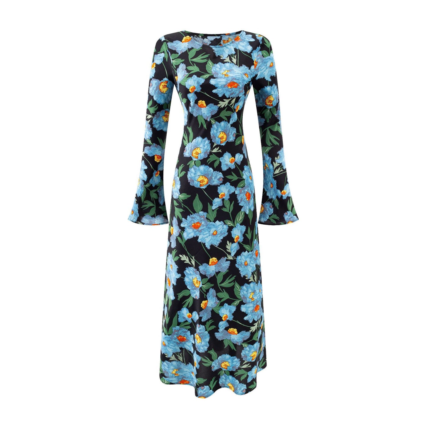 One-Shoulder Flared Long Sleeve  Printed Waist-Cinched Dress