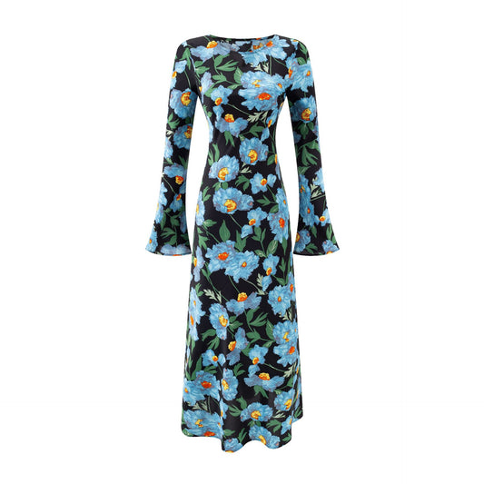 One-Shoulder Flared Long Sleeve  Printed Waist-Cinched Dress