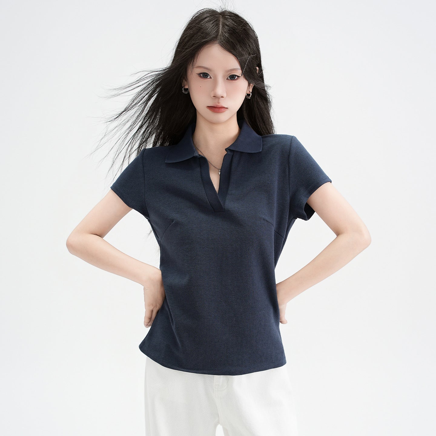Polo Collar Straight Shoulder Short Sleeve T-Shirt for Women