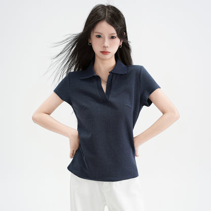 Polo Collar Straight Shoulder Short Sleeve T-Shirt for Women
